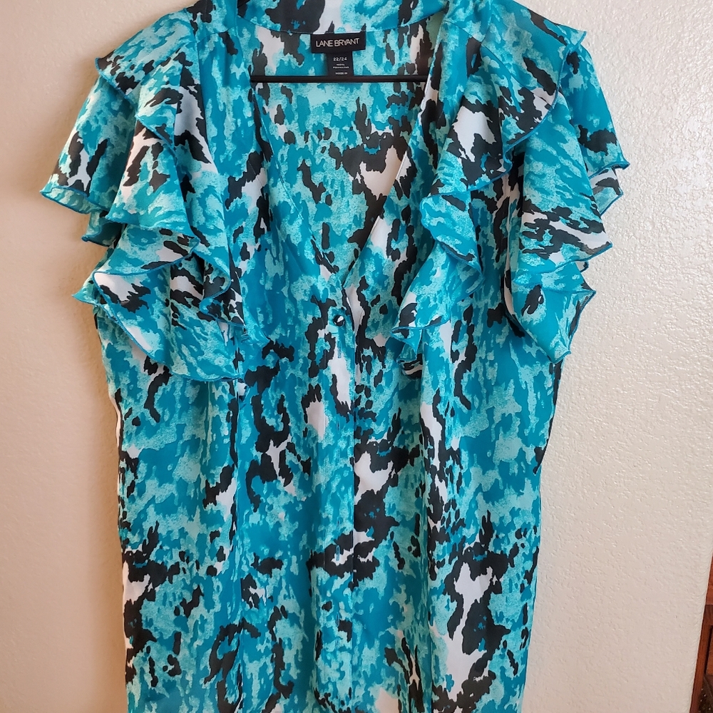 Lane Bryant Blue and Black Ruffle Top